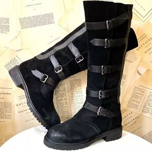 Free People Tristie Buckle Boot Tall Suede 5 Leather Straps Lug Sole Black
